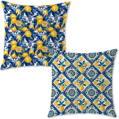 Italian Lemon Pillow Covers 18x18, Mediterranean Home Decor, Blue and Yellow Italian Tiles Lemons Decorative Throw Pillow Covers for Couch Sofa Bedroom Living Room, Set of 2