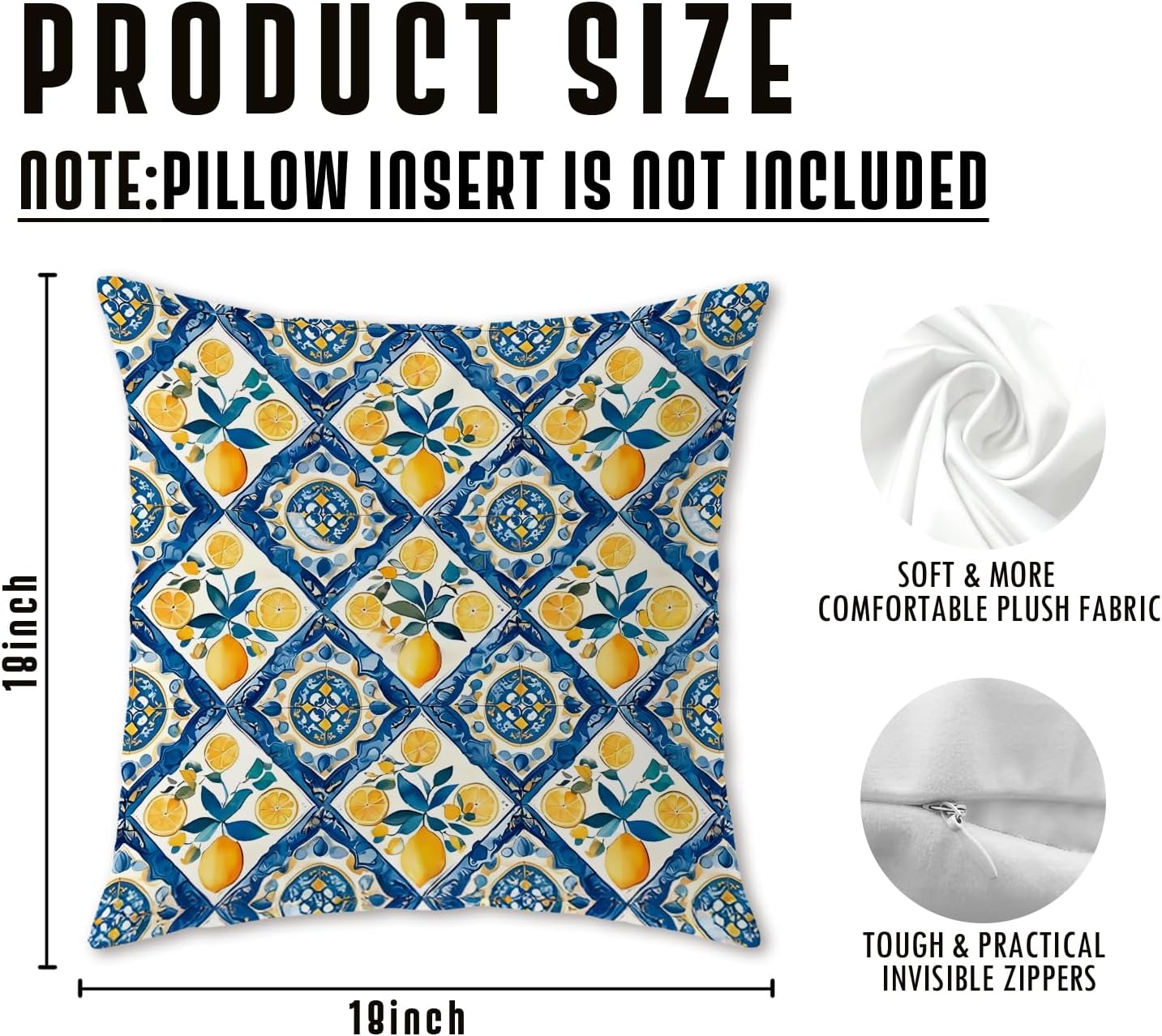 Italian Lemon Pillow Covers 18x18, Mediterranean Home Decor, Blue and Yellow Italian Tiles Lemons Decorative Throw Pillow Covers for Couch Sofa Bedroom Living Room, Set of 2