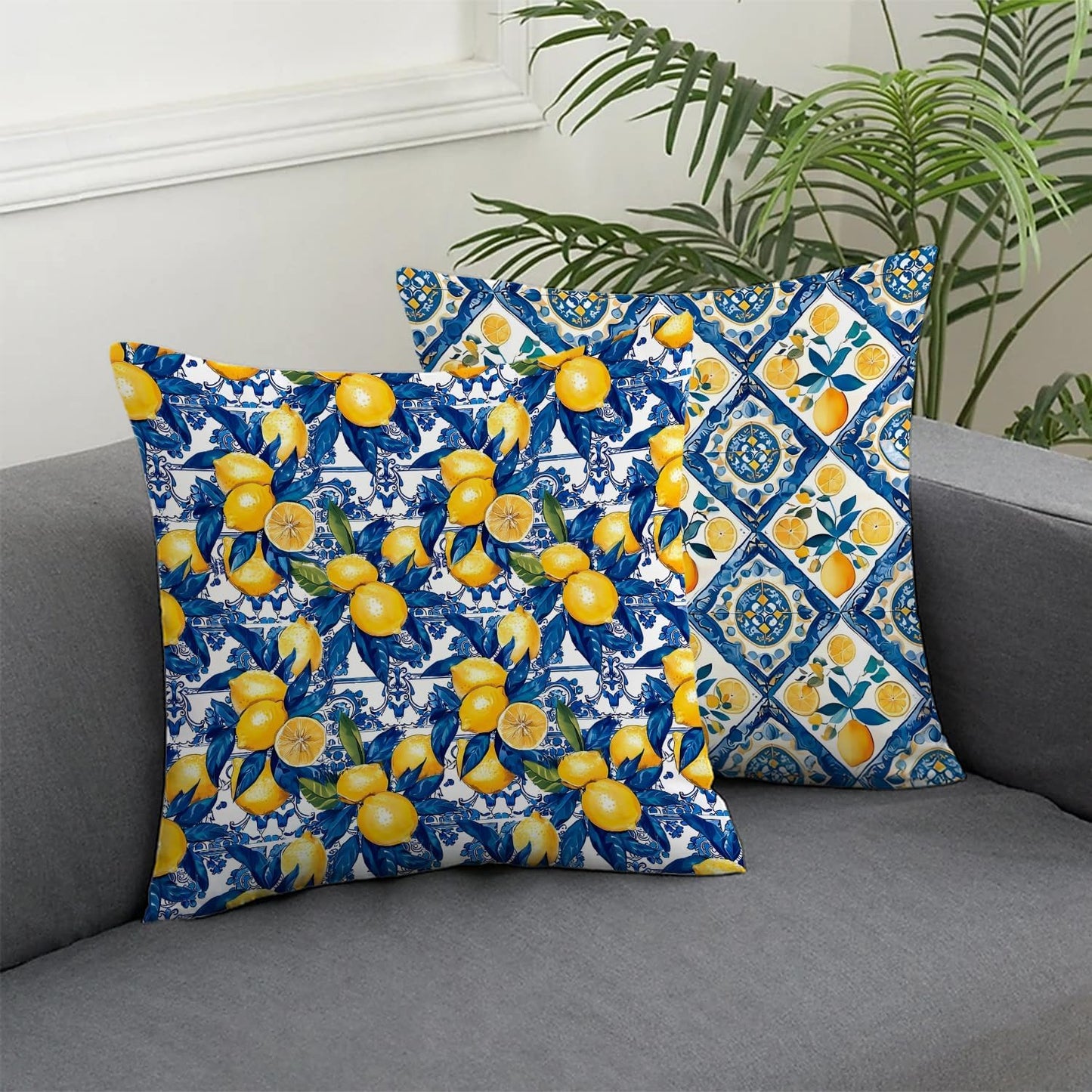 Italian Lemon Pillow Covers 18x18, Mediterranean Home Decor, Blue and Yellow Italian Tiles Lemons Decorative Throw Pillow Covers for Couch Sofa Bedroom Living Room, Set of 2