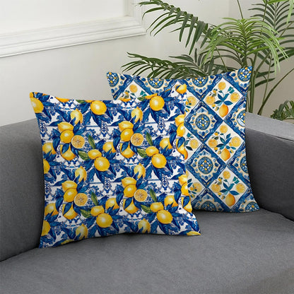 Italian Lemon Pillow Covers 18x18, Mediterranean Home Decor, Blue and Yellow Italian Tiles Lemons Decorative Throw Pillow Covers for Couch Sofa Bedroom Living Room, Set of 2