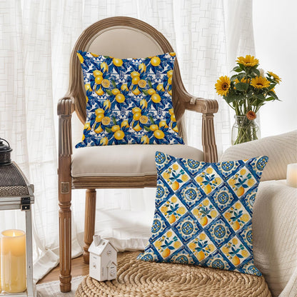 Italian Lemon Pillow Covers 18x18, Mediterranean Home Decor, Blue and Yellow Italian Tiles Lemons Decorative Throw Pillow Covers for Couch Sofa Bedroom Living Room, Set of 2