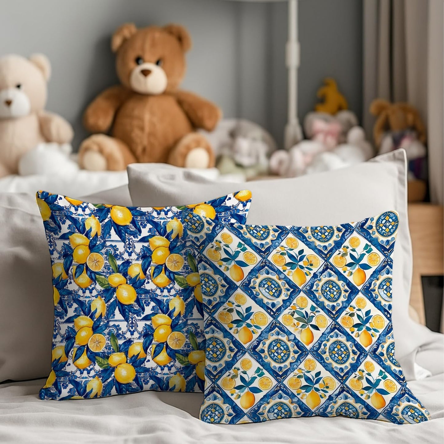 Italian Lemon Pillow Covers 18x18, Mediterranean Home Decor, Blue and Yellow Italian Tiles Lemons Decorative Throw Pillow Covers for Couch Sofa Bedroom Living Room, Set of 2