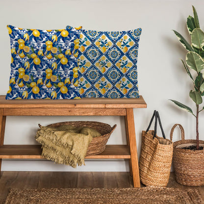 Italian Lemon Pillow Covers 18x18, Mediterranean Home Decor, Blue and Yellow Italian Tiles Lemons Decorative Throw Pillow Covers for Couch Sofa Bedroom Living Room, Set of 2