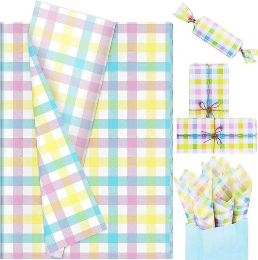 60 Sheets Easter Pastel Plaid Tissue Paper, 20x14in Blue Pink Yellow Green Buffalo Plaid Gift Wrapping Paper Pastel Color Art Tissue for Easter Wedding Baby Shower Birthday Party Decor (A)