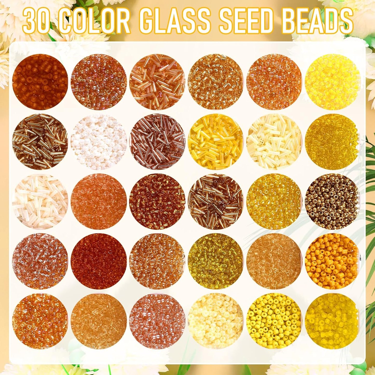 2 Sets 30 Colors Glass Seed and Bugle Beads Kit Small Loose Craft Beads for Jewelry Making DIY Crafts Bracelets and Necklaces(Yellow, Champagne Color)