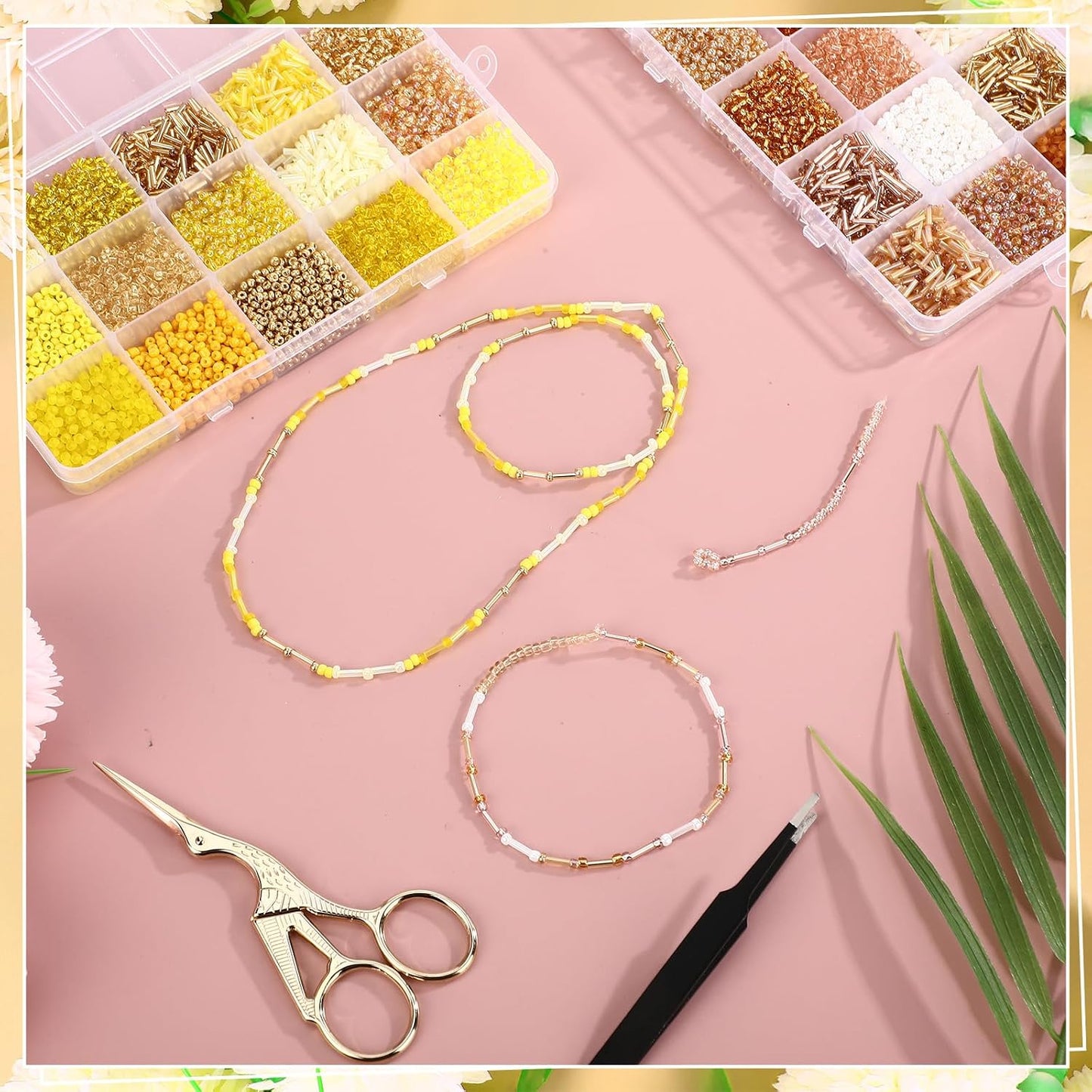 2 Sets 30 Colors Glass Seed and Bugle Beads Kit Small Loose Craft Beads for Jewelry Making DIY Crafts Bracelets and Necklaces(Yellow, Champagne Color)