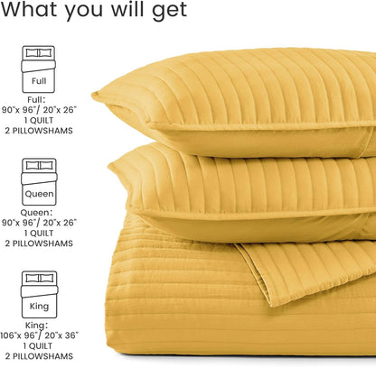 SLEEP ZONE Stripe Quilt Sets, Full/Queen Size Bedspread Bed Coverlets for All Season Lightweight Quilts with 2 Pillow Shams 90x96 inch, Mustard Yellow