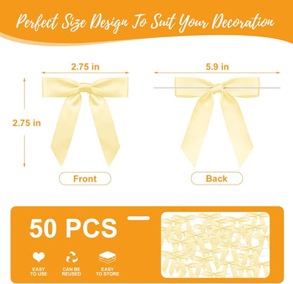 Satin Ribbon Light Yellow Bow Decor 2.5" Premade Light Yellow Twist Tie Bows for Gift Wrapping Bow for Treat Bags Party Favors Wedding Decorations - 50 Counts