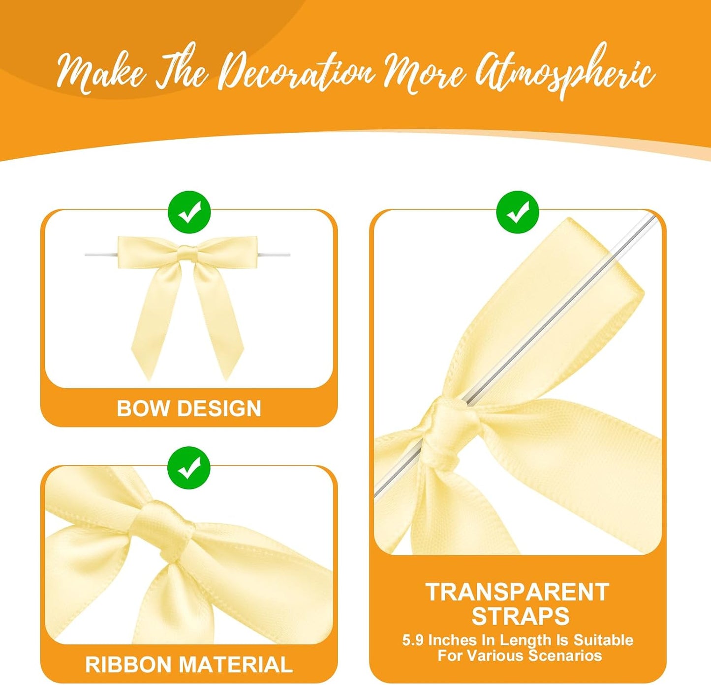 Satin Ribbon Light Yellow Bow Decor 2.5" Premade Light Yellow Twist Tie Bows for Gift Wrapping Bow for Treat Bags Party Favors Wedding Decorations - 50 Counts