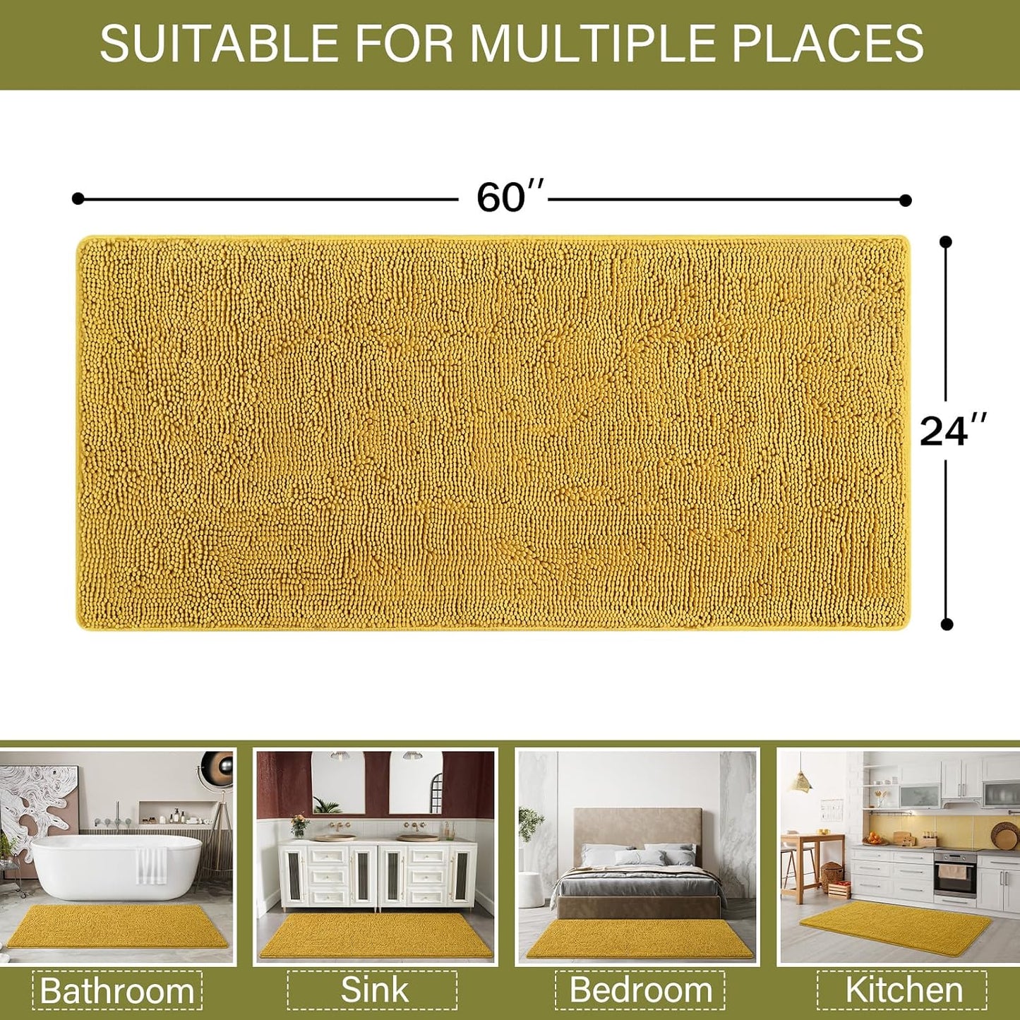 Luxury Bathroom Rug Shaggy Bath Mat 24 x 60 Inch, Washable Non Slip Bath Rugs for Bathroom Shower, Soft Plush Chenille Absorbent Carpets Mats, Yellow