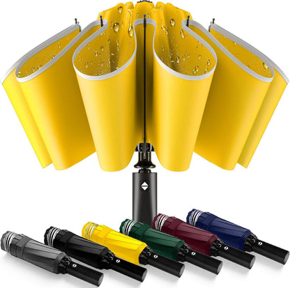 Inverted Automatic Travel Umbrella with Reflective Strip, Windproof & Compact Folding Umbrella, Strong Lightweight Rain Umbrella with One-Button Open/Close for Men & Women