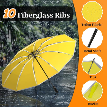 Inverted Automatic Travel Umbrella with Reflective Strip, Windproof & Compact Folding Umbrella, Strong Lightweight Rain Umbrella with One-Button Open/Close for Men & Women