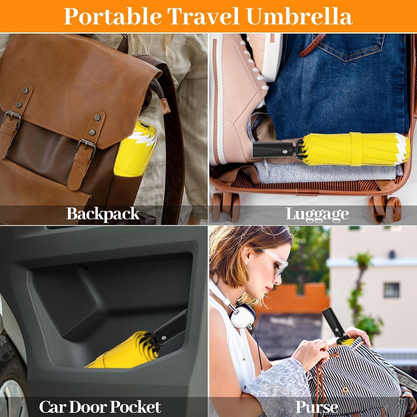 Inverted Automatic Travel Umbrella with Reflective Strip, Windproof & Compact Folding Umbrella, Strong Lightweight Rain Umbrella with One-Button Open/Close for Men & Women