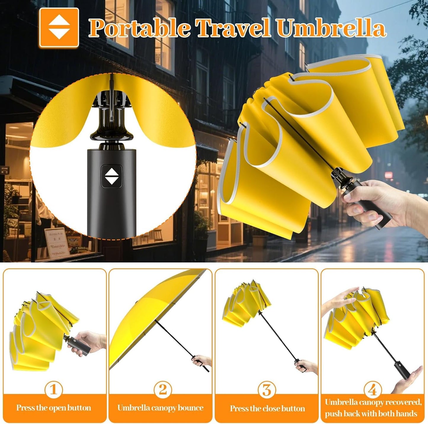 Inverted Automatic Travel Umbrella with Reflective Strip, Windproof & Compact Folding Umbrella, Strong Lightweight Rain Umbrella with One-Button Open/Close for Men & Women