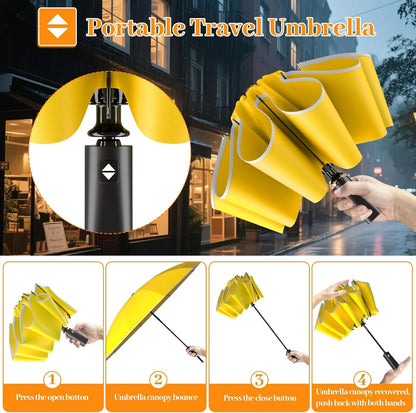 Inverted Automatic Travel Umbrella with Reflective Strip, Windproof & Compact Folding Umbrella, Strong Lightweight Rain Umbrella with One-Button Open/Close for Men & Women