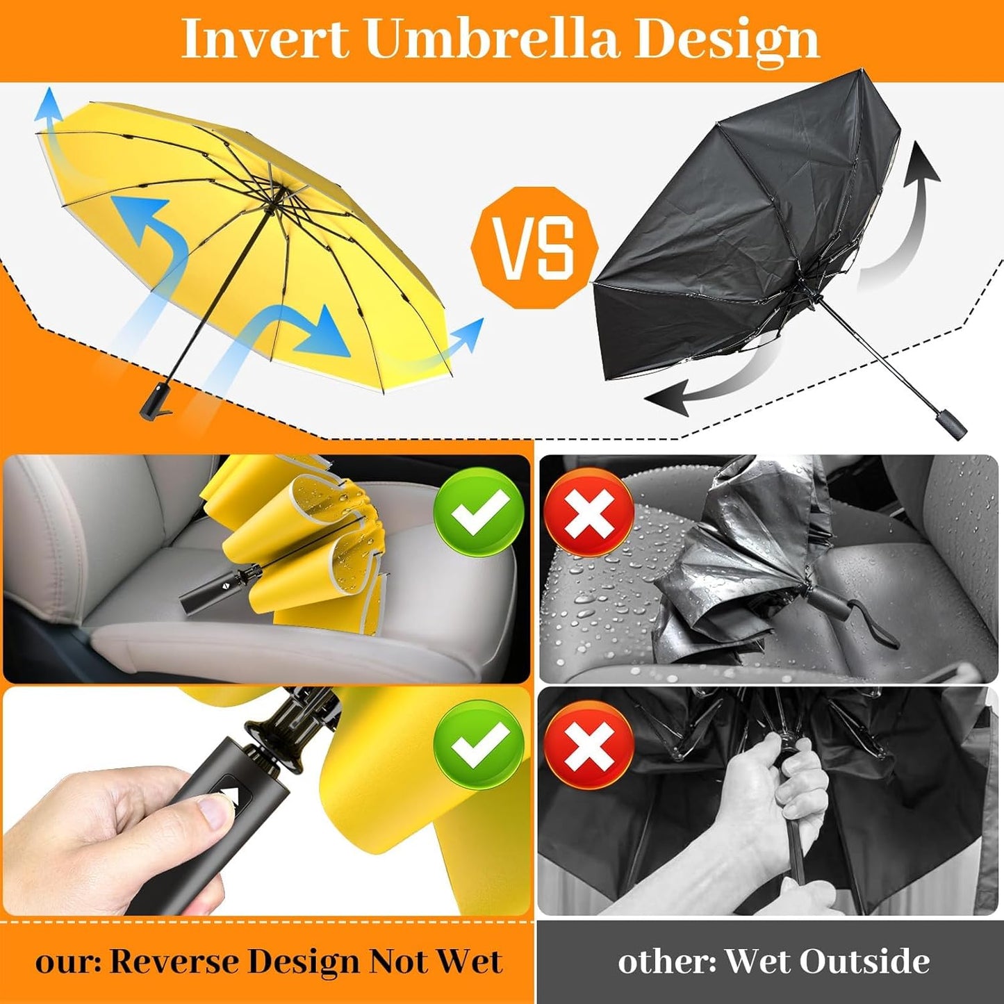 Inverted Automatic Travel Umbrella with Reflective Strip, Windproof & Compact Folding Umbrella, Strong Lightweight Rain Umbrella with One-Button Open/Close for Men & Women