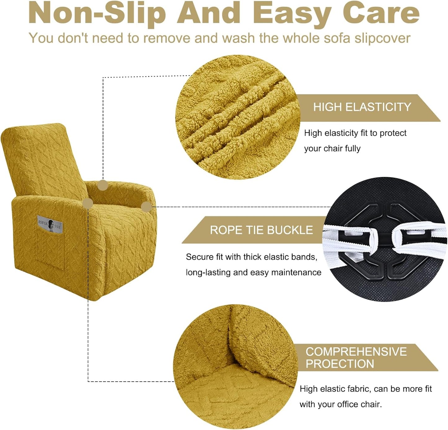 Recliner Chair Covers Small Lazy Boy Reclining Slipcover,Yellow | 4 Pieces Stretch Plush Small Recliner Sofa Slipcover with Pocket,Pets Friendly,Furniture Protector for Living Room
