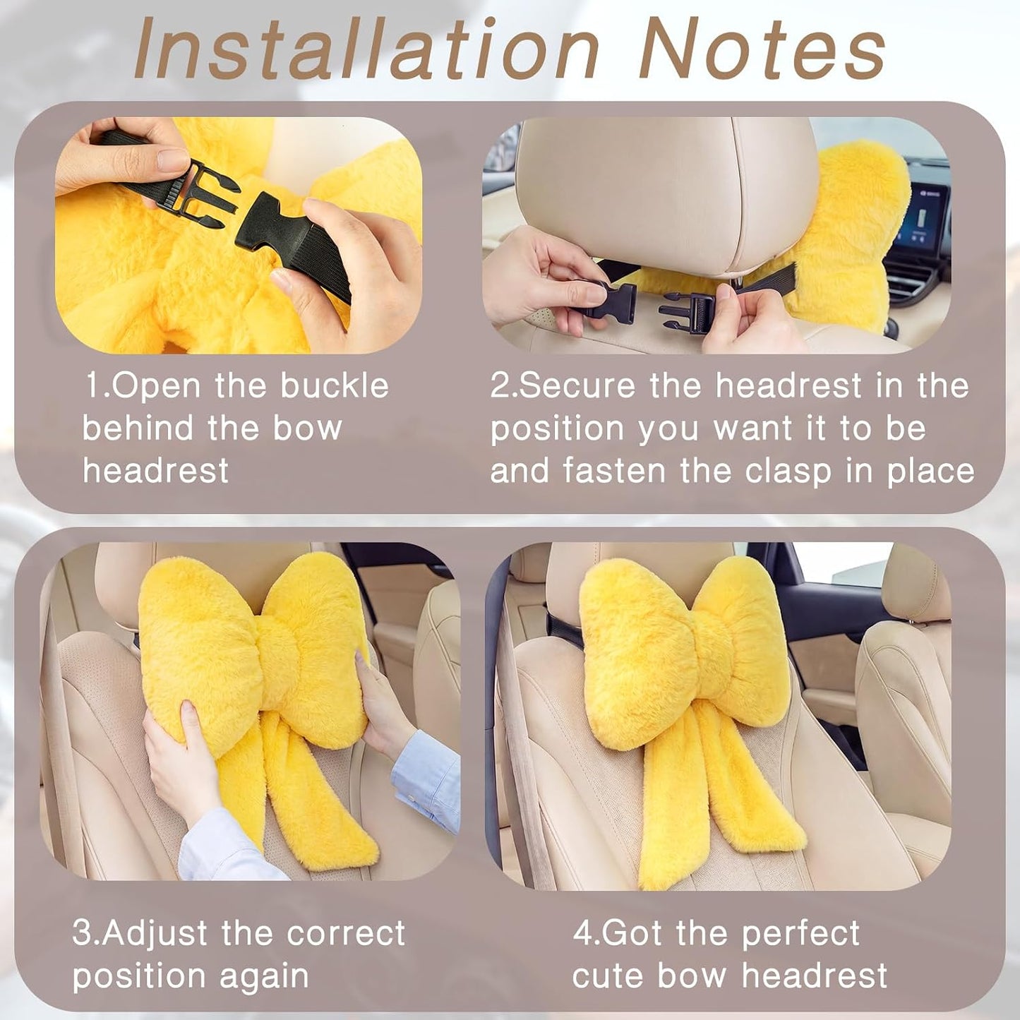 2 Pcs Car Neck Pillow Plush Butterfly Bow Car Headrest Pillow Comfortable Seat Neck Support Cute Head Rest Accessories for Driving Travel Driver Chair Girl Interior Decor(Lemon Yellow,Solid)