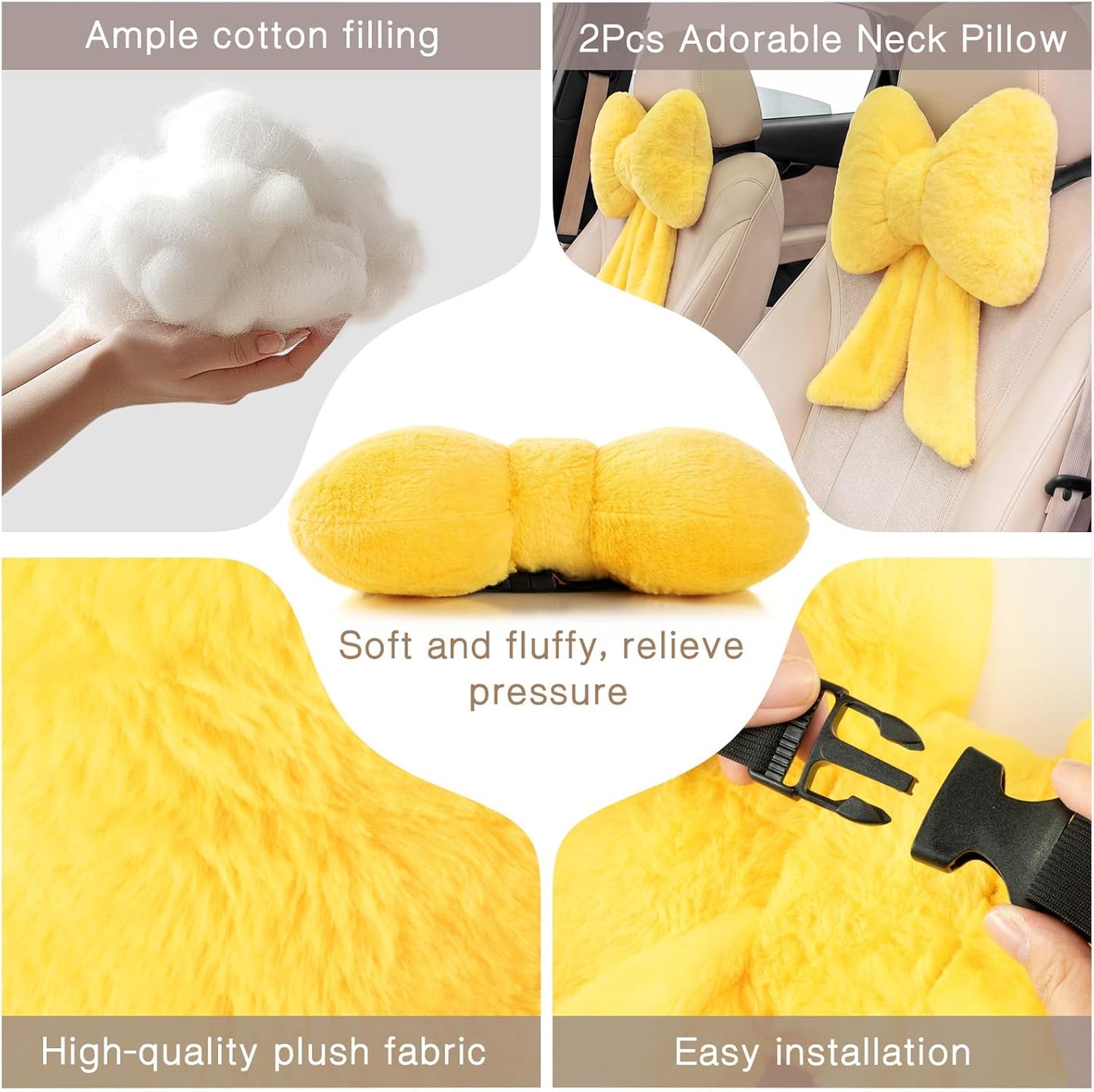 2 Pcs Car Neck Pillow Plush Butterfly Bow Car Headrest Pillow Comfortable Seat Neck Support Cute Head Rest Accessories for Driving Travel Driver Chair Girl Interior Decor(Lemon Yellow,Solid)