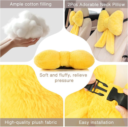 2 Pcs Car Neck Pillow Plush Butterfly Bow Car Headrest Pillow Comfortable Seat Neck Support Cute Head Rest Accessories for Driving Travel Driver Chair Girl Interior Decor(Lemon Yellow,Solid)