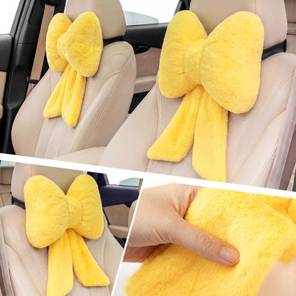 2 Pcs Car Neck Pillow Plush Butterfly Bow Car Headrest Pillow Comfortable Seat Neck Support Cute Head Rest Accessories for Driving Travel Driver Chair Girl Interior Decor(Lemon Yellow,Solid)