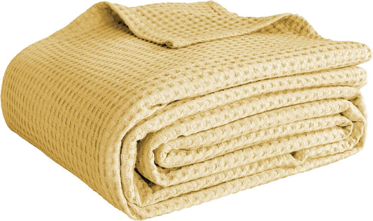 100% Cotton Waffle Weave Throw Blanket 50"x60", 260GSM Pre-Washed Soft Cooling Lightweight Breathable All-Season Layer Blanket, Home Decor Gift for Adults, Couch Bed Sofa, light Yellow