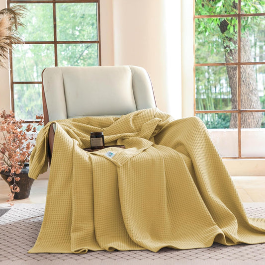 100% Cotton Waffle Weave Throw Blanket 50"x60", 260GSM Pre-Washed Soft Cooling Lightweight Breathable All-Season Layer Blanket, Home Decor Gift for Adults, Couch Bed Sofa, light Yellow
