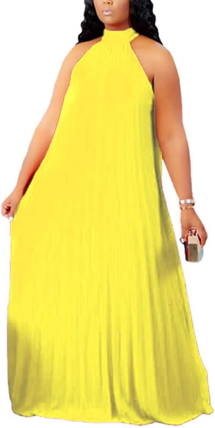 Womens Plus Size Chiffon Loose Long Maxi Dresses | Sleeveless, Halter Neck, Pleated, Summer Casual Formal Dress, Wedding Guest, Beach, Vacation, Prom, Party, Club, Evening