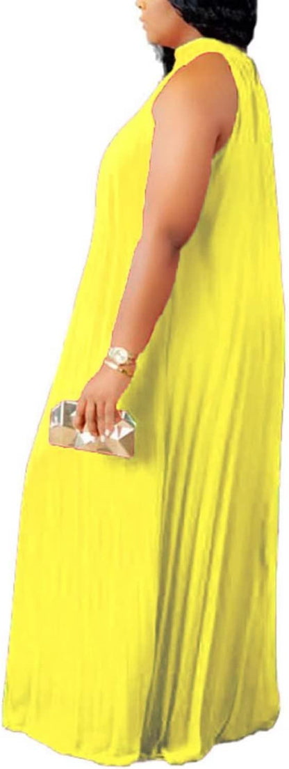 Womens Plus Size Chiffon Loose Long Maxi Dresses | Sleeveless, Halter Neck, Pleated, Summer Casual Formal Dress, Wedding Guest, Beach, Vacation, Prom, Party, Club, Evening