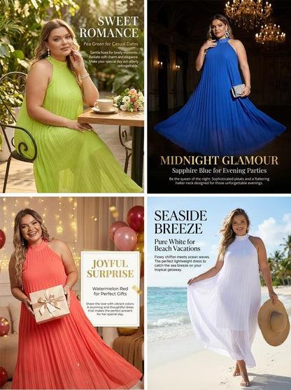 Womens Plus Size Chiffon Loose Long Maxi Dresses | Sleeveless, Halter Neck, Pleated, Summer Casual Formal Dress, Wedding Guest, Beach, Vacation, Prom, Party, Club, Evening