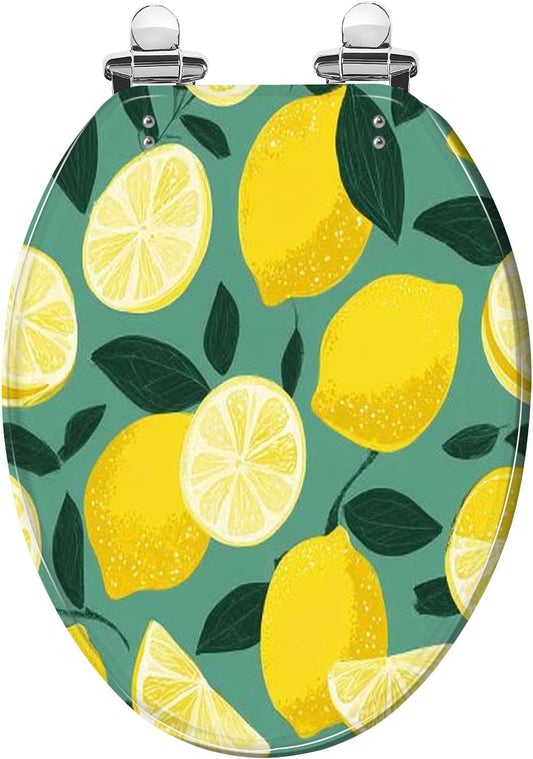 Elongated Resin Toilet Seat, Sunny Lemon Seamless Bright Fresh Yellow, Quiet Close, Quick Release Hinges, Cover Bumpers, Decorative, Easy to Install & Clean