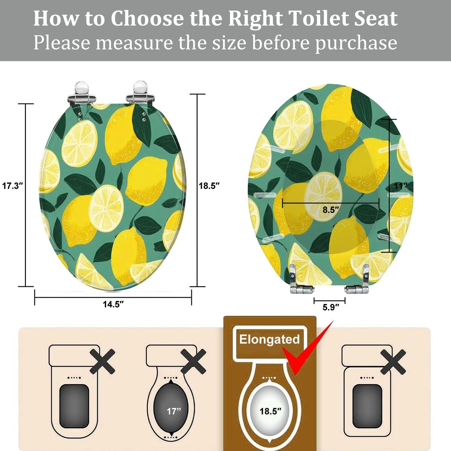 Elongated Resin Toilet Seat, Sunny Lemon Seamless Bright Fresh Yellow, Quiet Close, Quick Release Hinges, Cover Bumpers, Decorative, Easy to Install & Clean