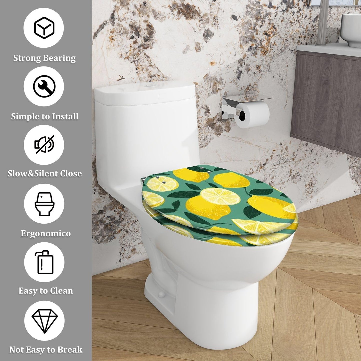 Elongated Resin Toilet Seat, Sunny Lemon Seamless Bright Fresh Yellow, Quiet Close, Quick Release Hinges, Cover Bumpers, Decorative, Easy to Install & Clean