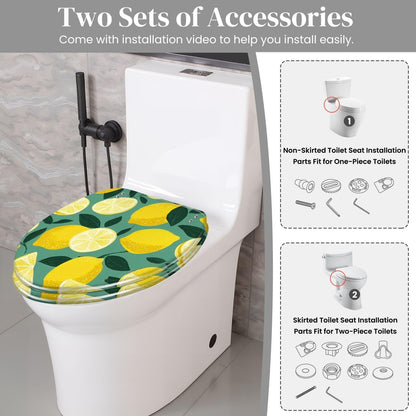 Elongated Resin Toilet Seat, Sunny Lemon Seamless Bright Fresh Yellow, Quiet Close, Quick Release Hinges, Cover Bumpers, Decorative, Easy to Install & Clean