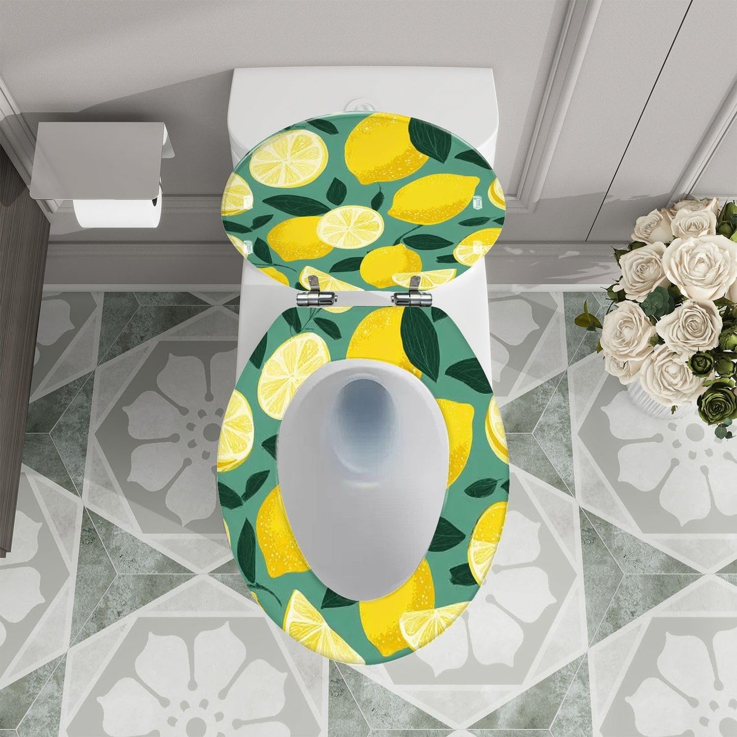 Elongated Resin Toilet Seat, Sunny Lemon Seamless Bright Fresh Yellow, Quiet Close, Quick Release Hinges, Cover Bumpers, Decorative, Easy to Install & Clean
