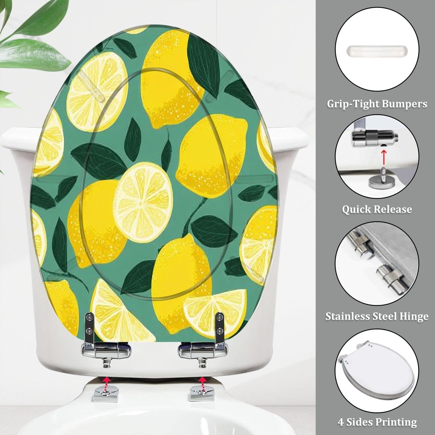 Elongated Resin Toilet Seat, Sunny Lemon Seamless Bright Fresh Yellow, Quiet Close, Quick Release Hinges, Cover Bumpers, Decorative, Easy to Install & Clean