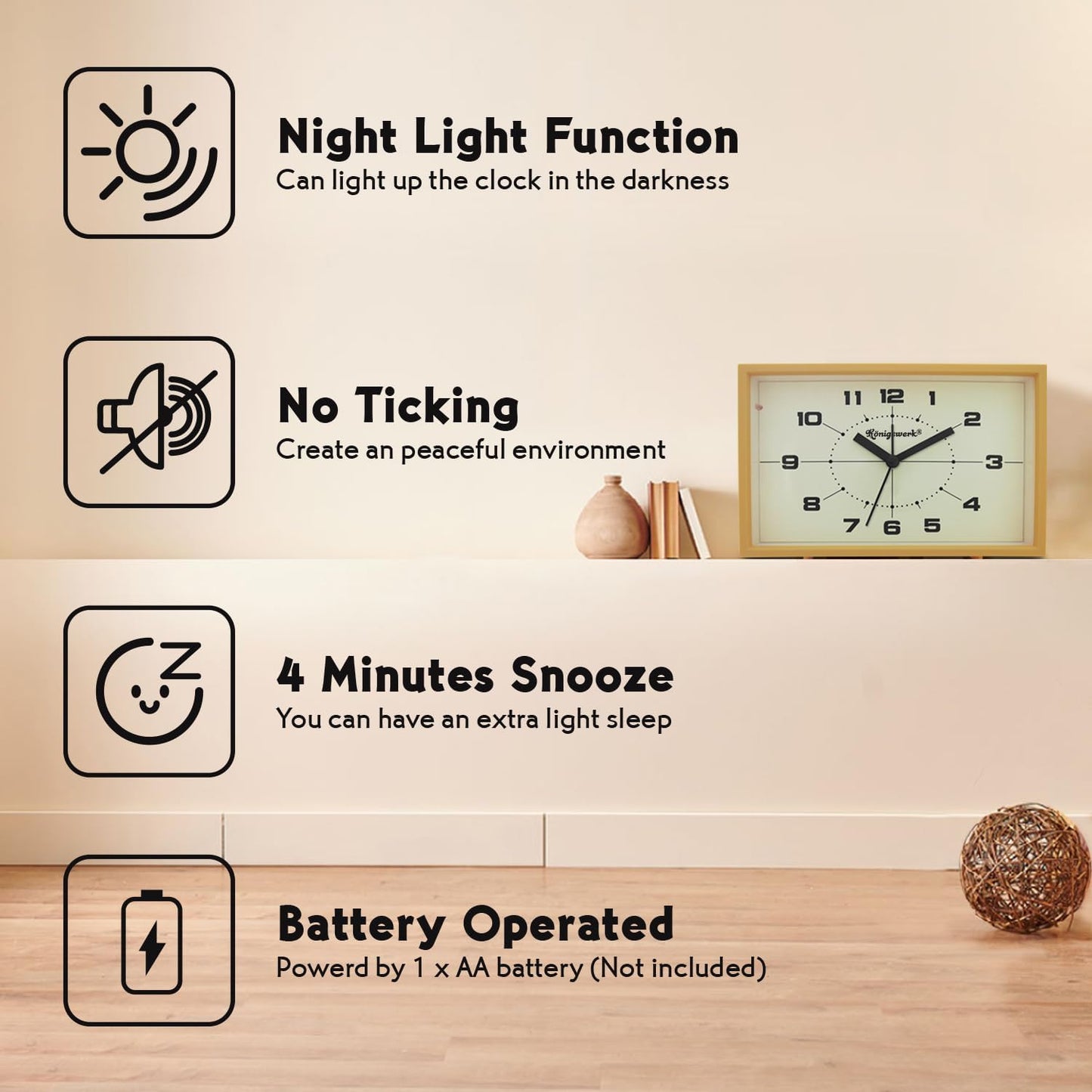 Analog Alarm Clock, 6 inch Silent Non Ticking Small Clock with Night Light, Battery Operated Simply Design for Bedroom, Bedside, Living Room, Room Decor, Desk, Table (Yellow)
