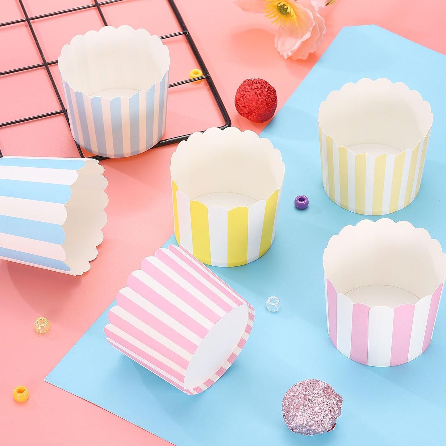 50Pcs Paper Baking Cups 6oz Greaseproof Disposable Bulk Cupcake Muffins Liners Cases Wrappers for Wedding Birthday Graduation, Stripe Yellow