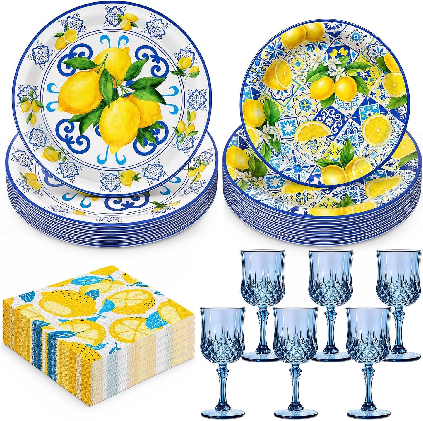 74 Pcs Capri Lemon Party Supplies Disposable Tableware 7" 9" Blue Tile Yellow Lemon Paper Plates Blue Plastic Goblets Napkins Reusable Glasses for Mediterranean Coast Dinnerware Birthday