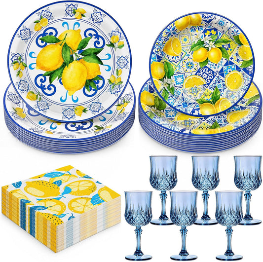 74 Pcs Capri Lemon Party Supplies Disposable Tableware 7" 9" Blue Tile Yellow Lemon Paper Plates Blue Plastic Goblets Napkins Reusable Glasses for Mediterranean Coast Dinnerware Birthday