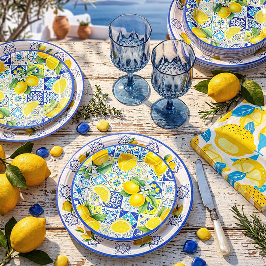 74 Pcs Capri Lemon Party Supplies Disposable Tableware 7" 9" Blue Tile Yellow Lemon Paper Plates Blue Plastic Goblets Napkins Reusable Glasses for Mediterranean Coast Dinnerware Birthday