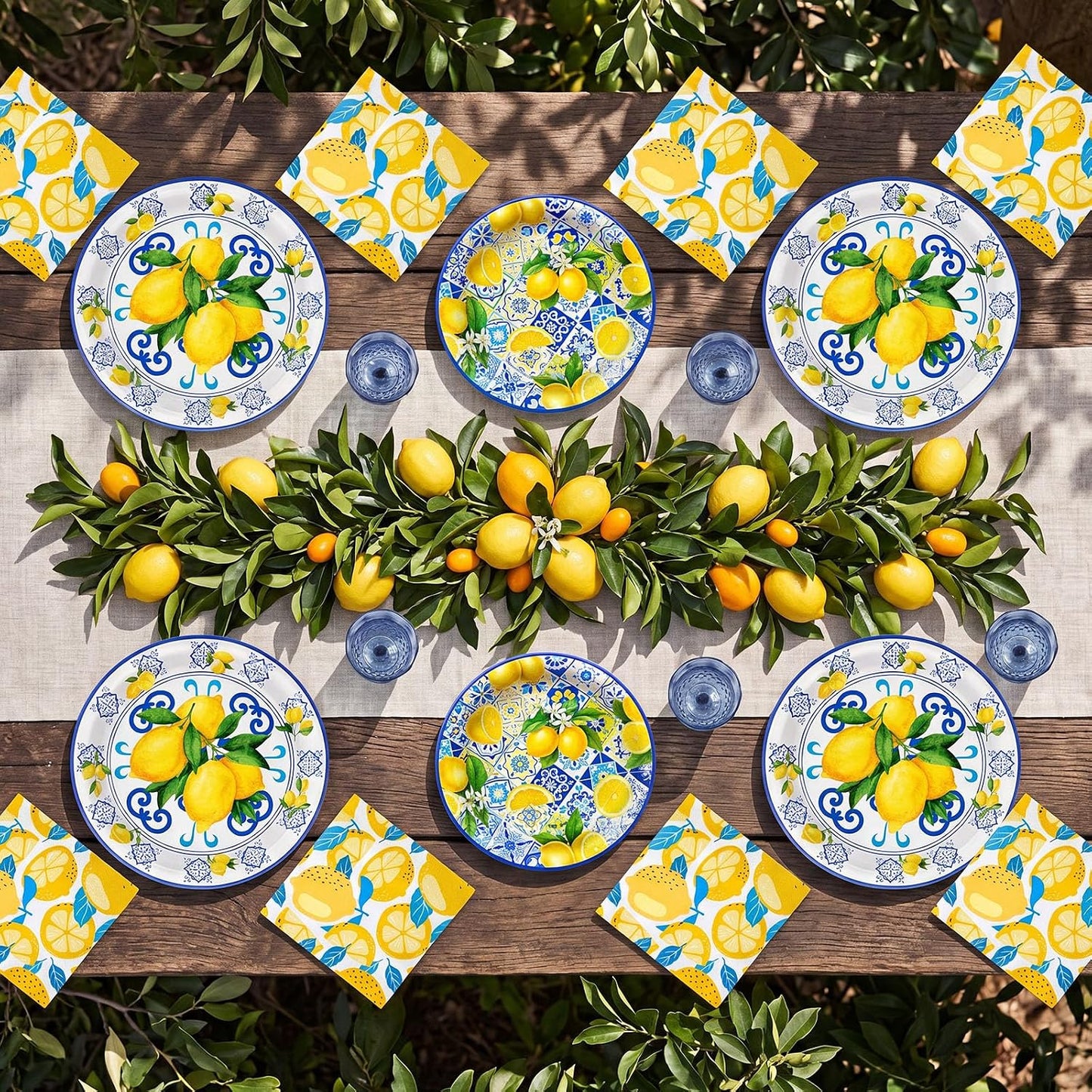74 Pcs Capri Lemon Party Supplies Disposable Tableware 7" 9" Blue Tile Yellow Lemon Paper Plates Blue Plastic Goblets Napkins Reusable Glasses for Mediterranean Coast Dinnerware Birthday