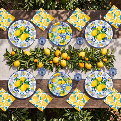 74 Pcs Capri Lemon Party Supplies Disposable Tableware 7" 9" Blue Tile Yellow Lemon Paper Plates Blue Plastic Goblets Napkins Reusable Glasses for Mediterranean Coast Dinnerware Birthday