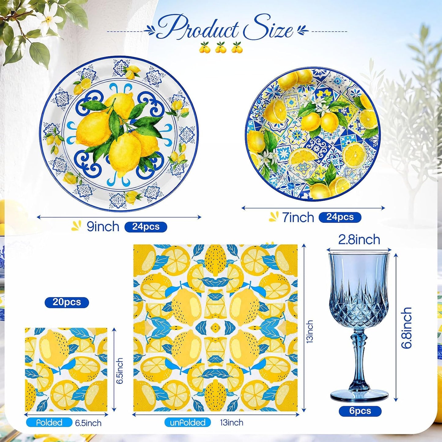 74 Pcs Capri Lemon Party Supplies Disposable Tableware 7" 9" Blue Tile Yellow Lemon Paper Plates Blue Plastic Goblets Napkins Reusable Glasses for Mediterranean Coast Dinnerware Birthday