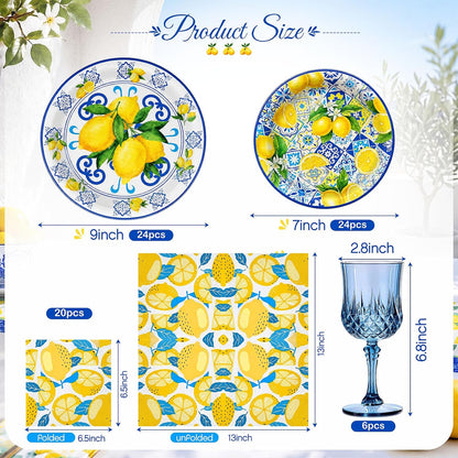 74 Pcs Capri Lemon Party Supplies Disposable Tableware 7" 9" Blue Tile Yellow Lemon Paper Plates Blue Plastic Goblets Napkins Reusable Glasses for Mediterranean Coast Dinnerware Birthday
