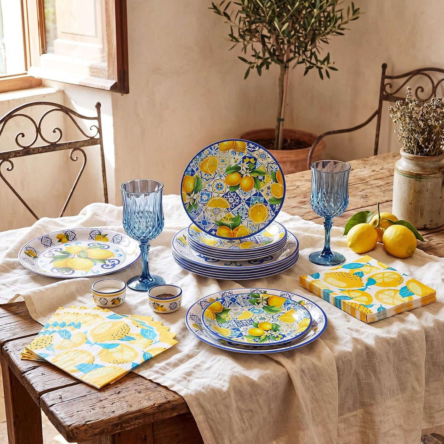 74 Pcs Capri Lemon Party Supplies Disposable Tableware 7" 9" Blue Tile Yellow Lemon Paper Plates Blue Plastic Goblets Napkins Reusable Glasses for Mediterranean Coast Dinnerware Birthday
