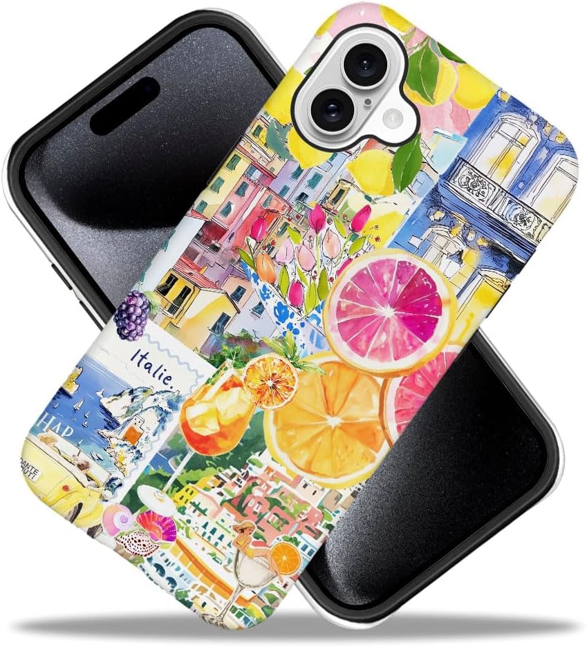 Case Compatible with iPhone 16,Durable Shock Protection Cover for Girl Women,Lemon Collage Summer