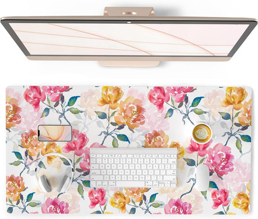 Floral Mouse Pad, Watercolor Flowers Desk Mat for Desktop, Women Girls Office Décor Accessories, PU Leather Waterproof Gaming Mousepad, Pink Yellow Peonies Desk Pad Computer Mat, 31.5" x 15.7"