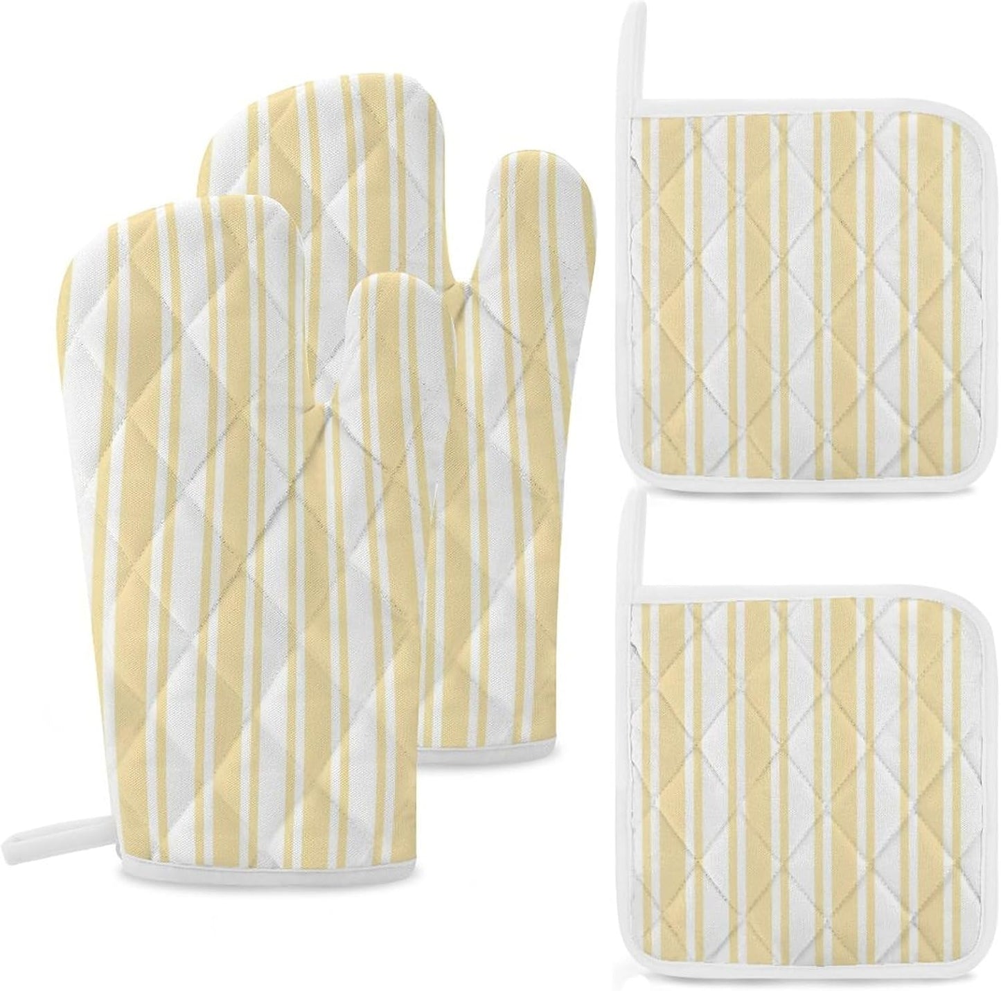 4Pcs Oven Mitts and Potholders, Pale Yellow and White Candy Stripes Oven Mitts Gloves Set Heat Resistant Hot Pads for Kitchen Cooking Grill