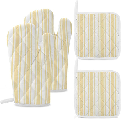 4Pcs Oven Mitts and Potholders, Pale Yellow and White Candy Stripes Oven Mitts Gloves Set Heat Resistant Hot Pads for Kitchen Cooking Grill